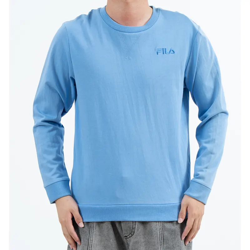 Blauw sweatshirt met ronde hals, tonaal logo op de borst en geribbelde afwerking