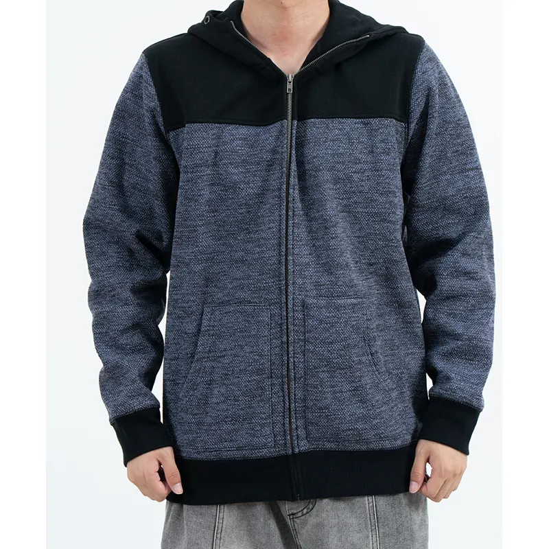 Blauwgrijze hoodie met rits en zwarte schouderpanelen