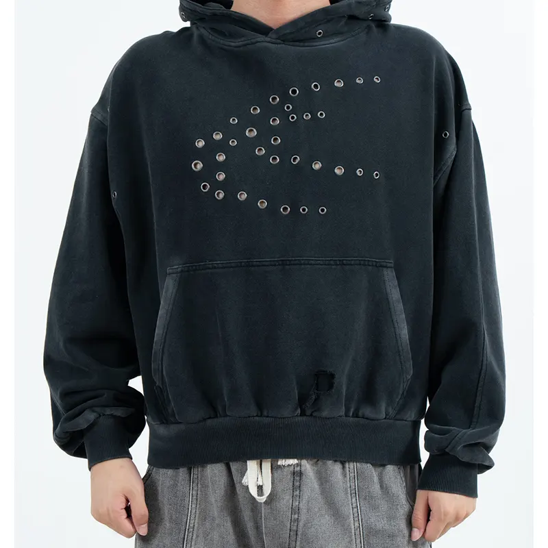 Cropped pullover-hoodie met oogjesmotief en versleten zakdetail