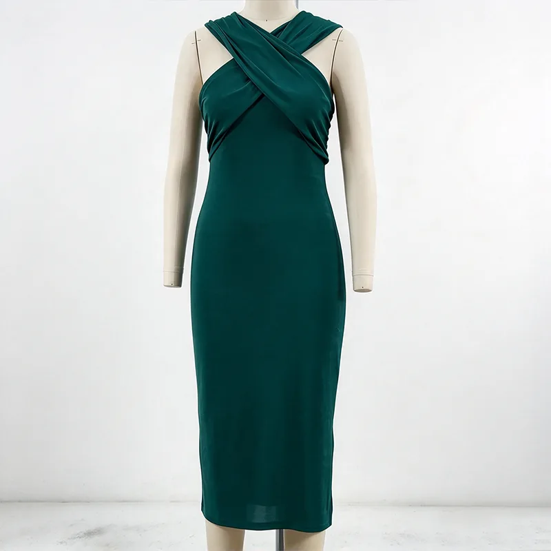 Bodycon midi-jurk met gekruiste hals, gedrapeerde voorkant en zijsplit