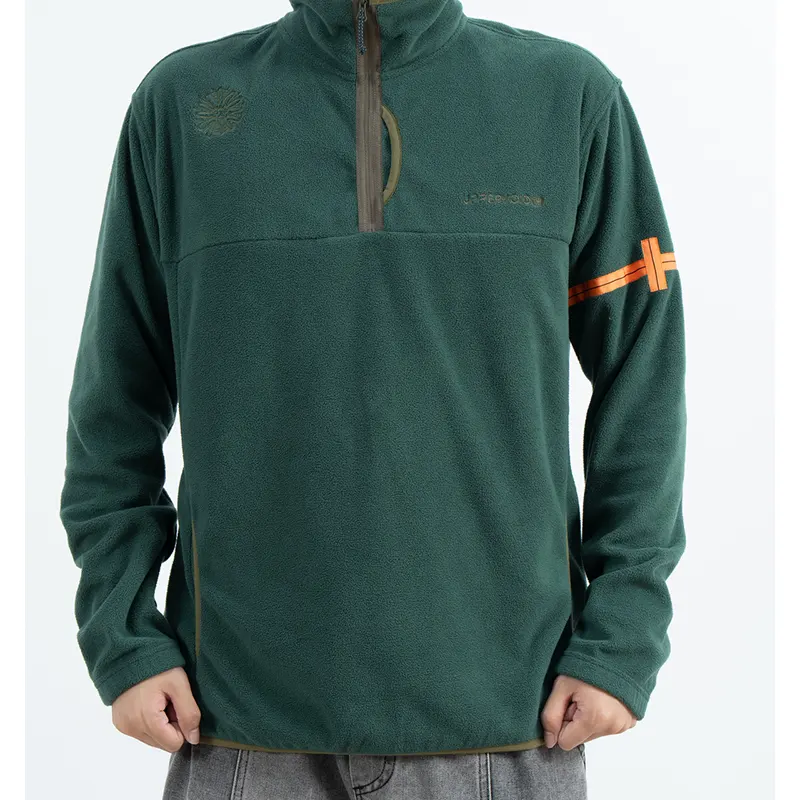 Groene fleecetrui met kwartrits en contrasterende mouwstreep