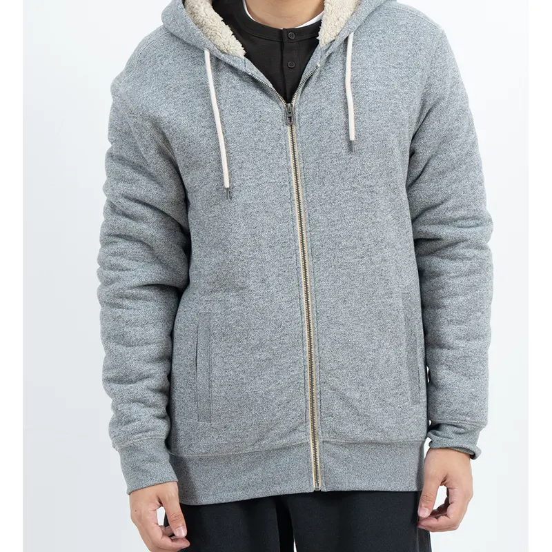 Grijze hoodie met rits en crèmekleurige pluche capuchonvoering