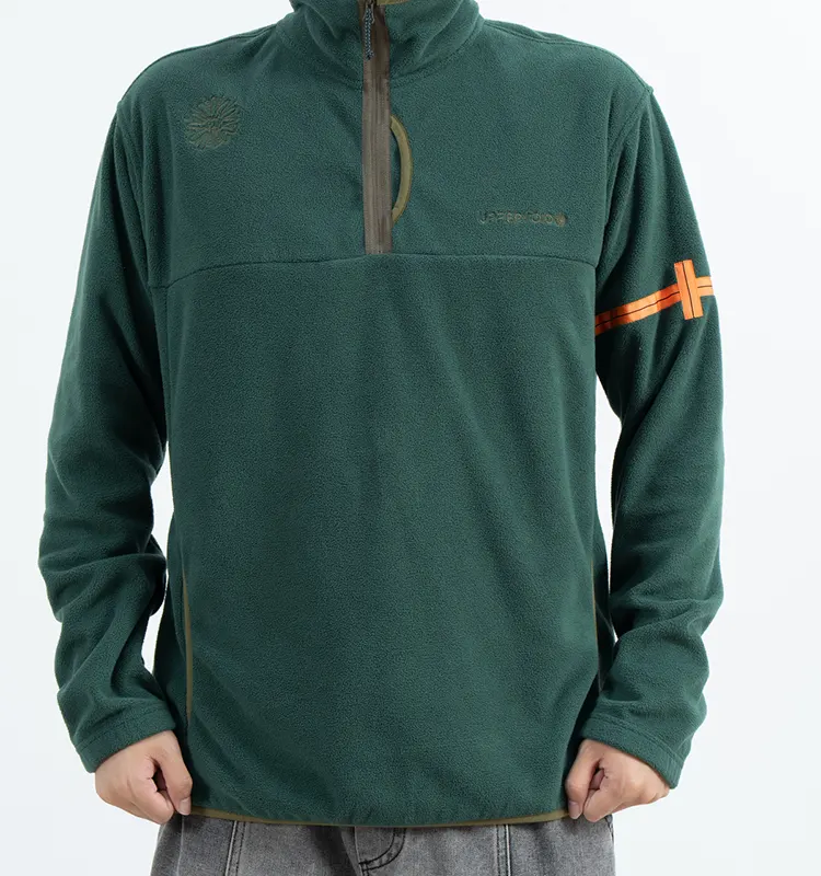 Green Quarter-Zip Fleece Pullover with Contrast Sleeve Stripe