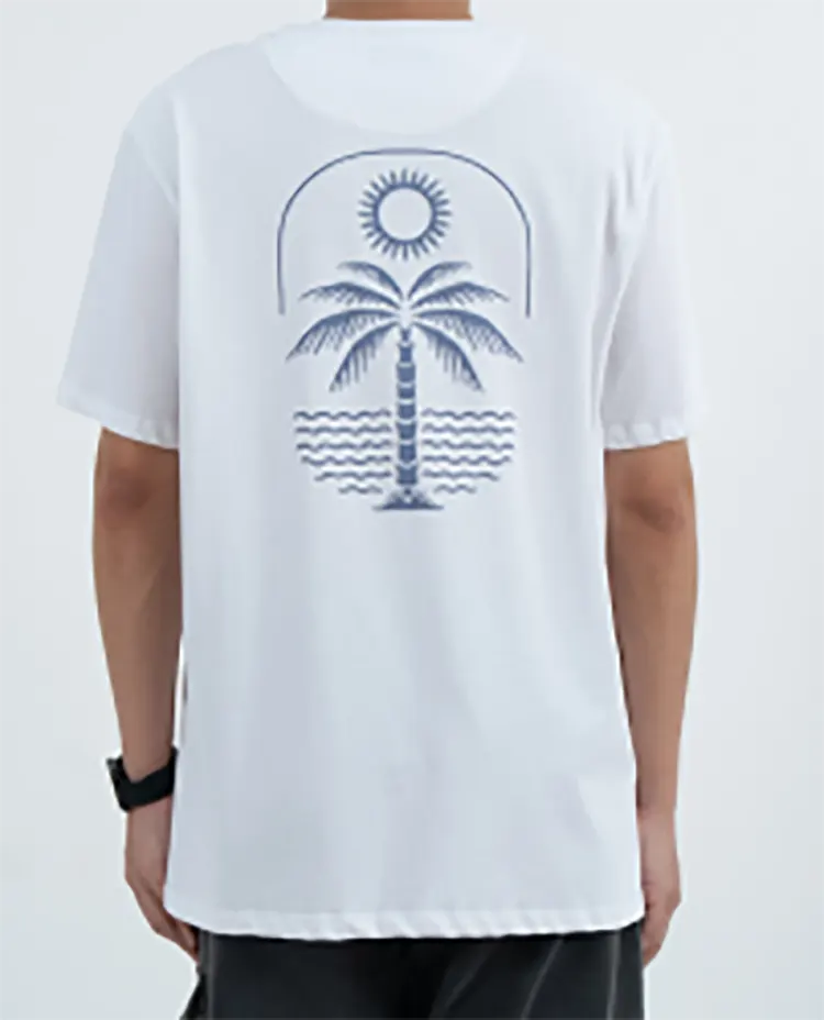 Relaxed Crew Neck T-Shirt with Palm Tree Chest and Back Graphics