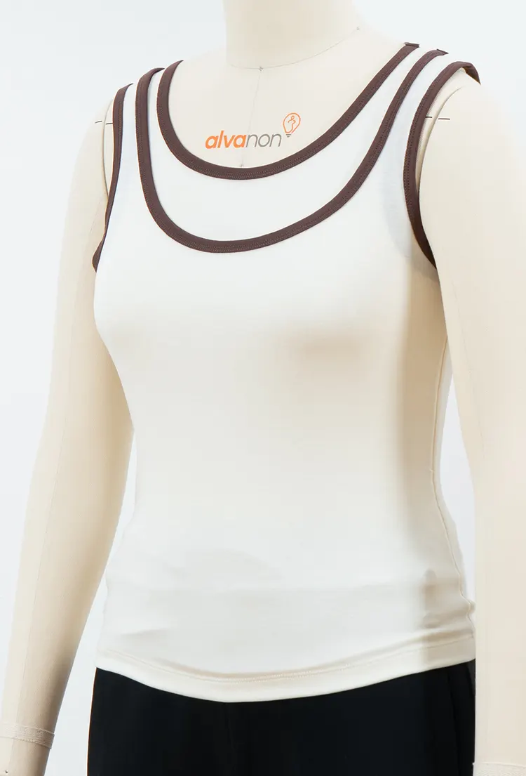 White Tank Top with Double Brown Neckline Trim