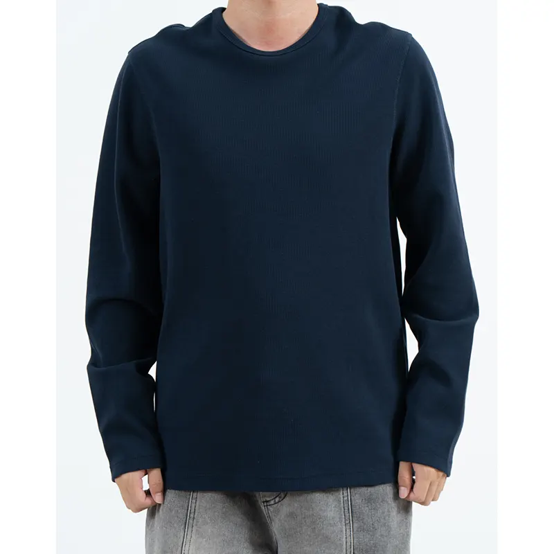 Marineblauw T-shirt met ronde hals, lange mouwen en relaxte pasvorm