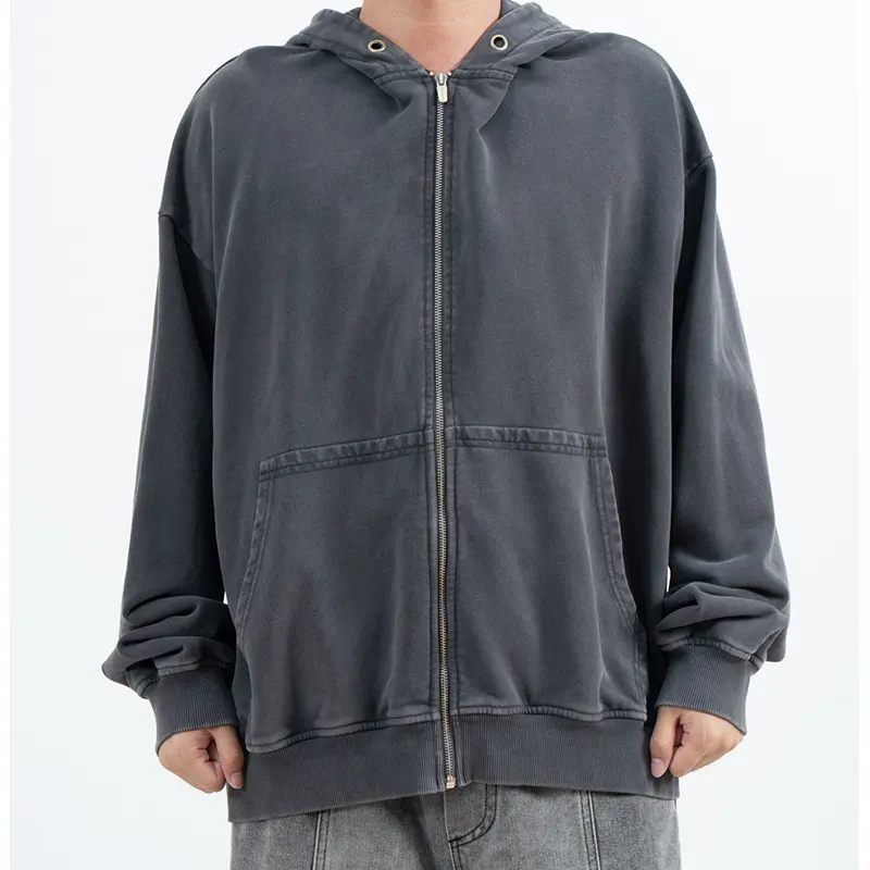 Oversized antracietkleurige hoodie met rits en vervaagde uitstraling