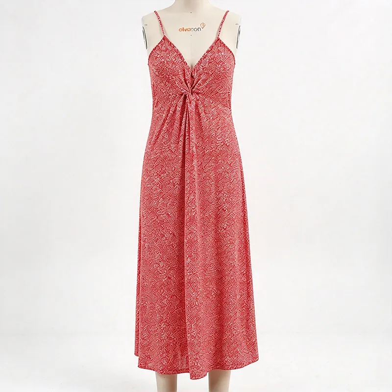 Rood bedrukte midi-slipdress met gedraaid detail aan de voorkant