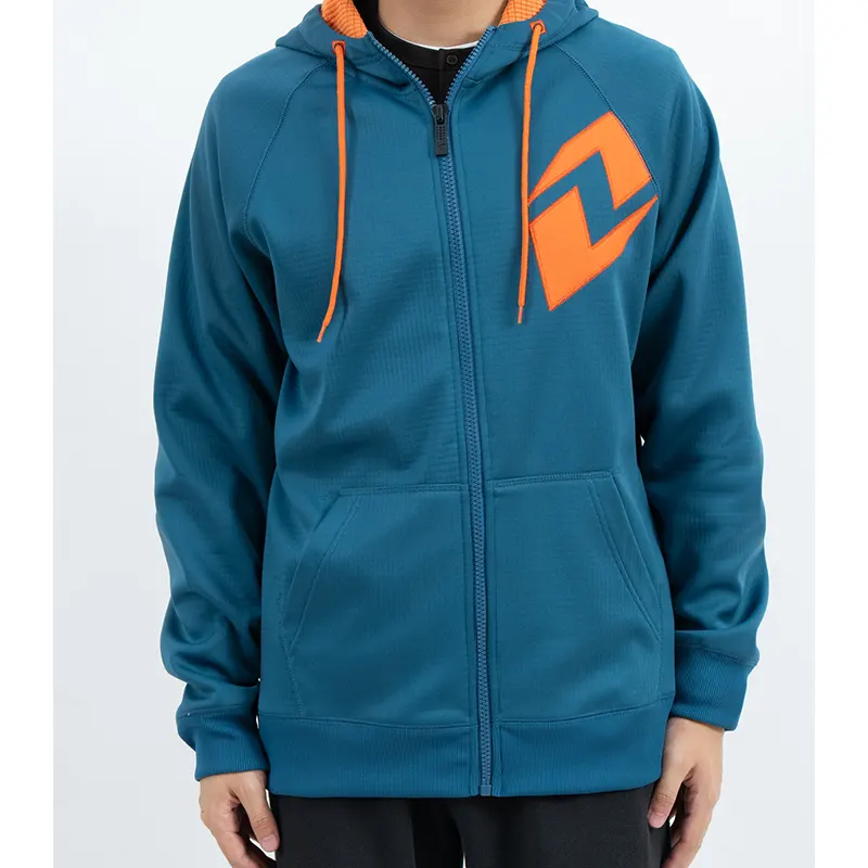 Blauwgroen Raglan hoodie met rits, oranje borstafbeelding en trekkoord